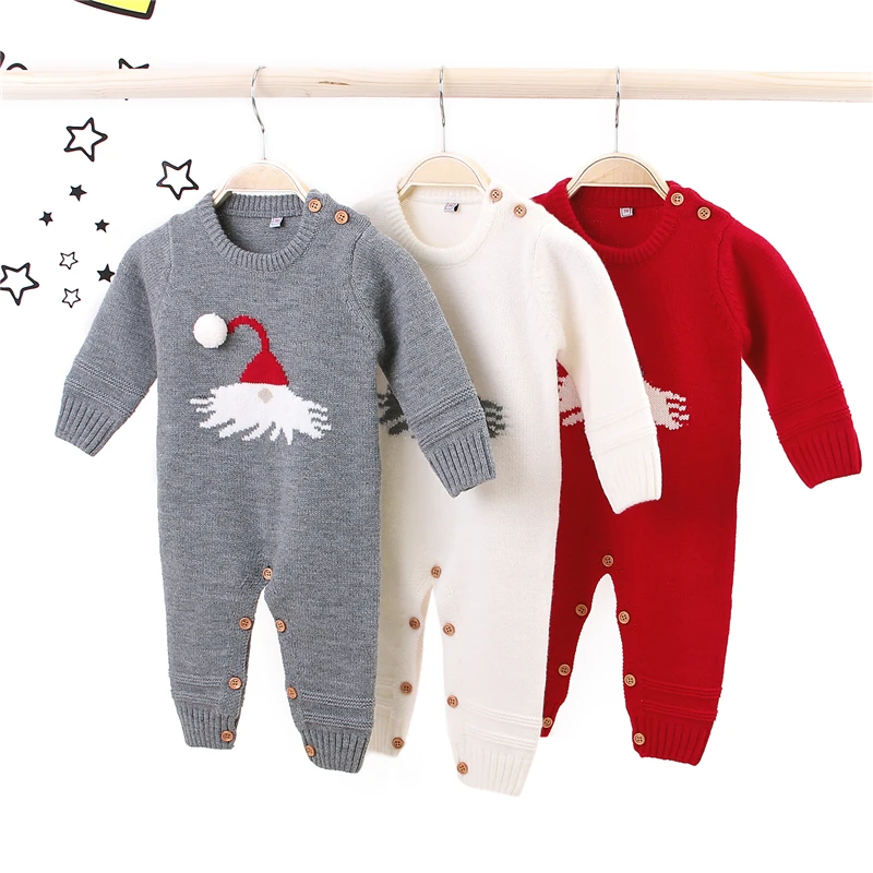 

Blotona Winter Warm Baby Romper Solid Color Long Sleeve Christmas Hat Pattern Knitted Sweater Jumpsuit Playsuit for Kids 0-18M