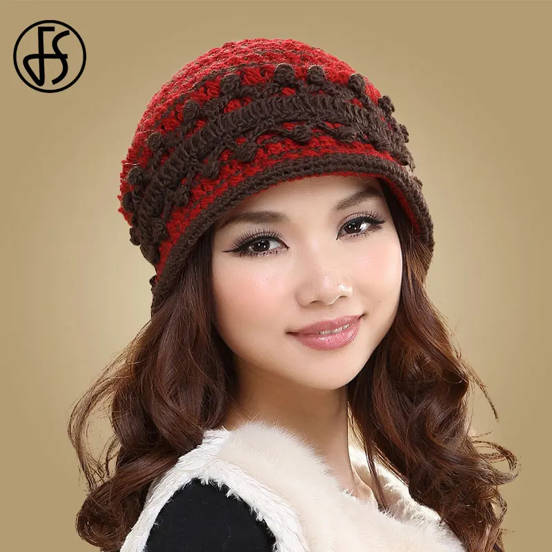 

FS Winter Hats For Women Beanie Caps Wool Knit Skullies Wine Red Warm Cap Beanies Ladies 2020 Gorros Female Bonnet Fedora