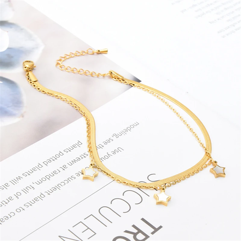 

2021 Fashion Double Layers Stars Chain Anklet For Women Girls Stainless Steel Jewelry On Leg Bracelet Summer Beach Barefoot Gift