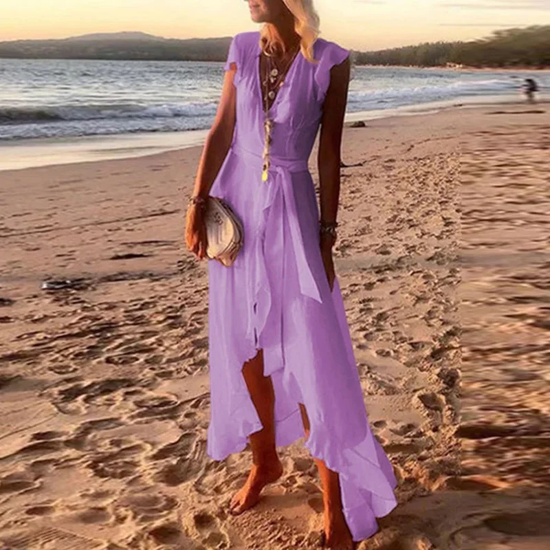 Women Sexy V Neck Beach Long Dress Summer Elegant Short Sleeve Tie-Up Belted Party Dress Ladies Casual Ruffle Boho Maxi Dresses
Women Sexy V Neck Beach Long Dress Summer Elegant Short Sleeve Tie-Up Belted Party Dress Ladies Casual Ruffle Boho Maxi Dresses
