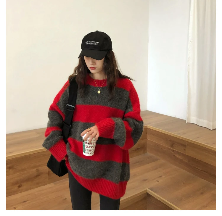 CYJR Women Oversized Thin Sweater Vintage Striped Loose Pullover Streetwear Autumn Knitted Jumper Femme 2021 Sueter Mujer 
CYJR Women Oversized Thin Sweater Vintage Striped Loose Pullover Streetwear Autumn Knitted Jumper Femme 2021 Sueter Mujer