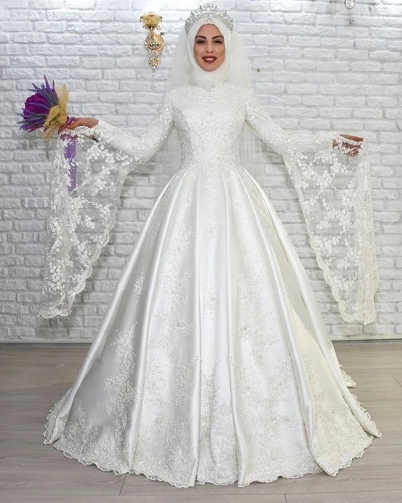 2020 Luxury Muslim A Line Wedding Dress High Neck Long Flare Sleeves Lace Satin Bride Dresses Arabic Islamic Vestido De Noiva
2020 Luxury Muslim A Line Wedding Dress High Neck Long Flare Sleeves Lace Satin Bride Dresses Arabic Islamic Vestido De Noiva