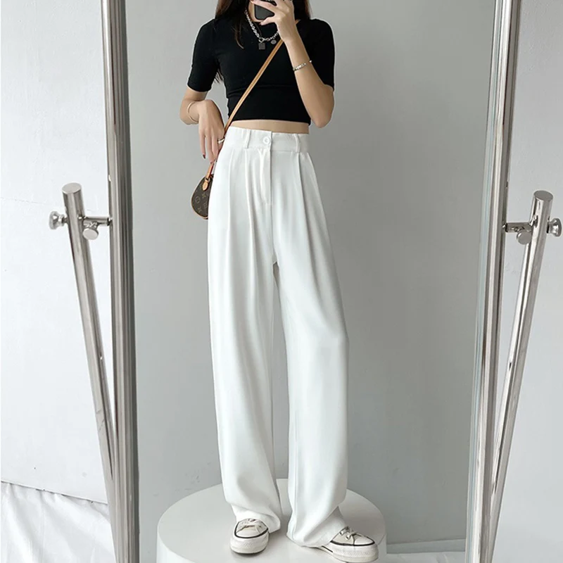 White Ice Silk Suit Pants Women Summer Thin High-Waist Trousers Female Loose Drape Straight Cool Pants Lady Casual Pants
White Ice Silk Suit Pants Women Summer Thin High-Waist Trousers Female Loose Drape Straight Cool Pants Lady Casual Pants