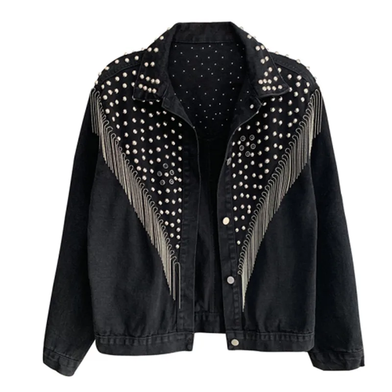 Korean Edition Autumn Streetwear Denim Jacket Women Hand-studded Rivet Tassel Chain Short Jeans Jacket Loose Coats Vestidos
Korean Edition Autumn Streetwear Denim Jacket Women Hand-studded Rivet Tassel Chain Short Jeans Jacket Loose Coats Vestidos