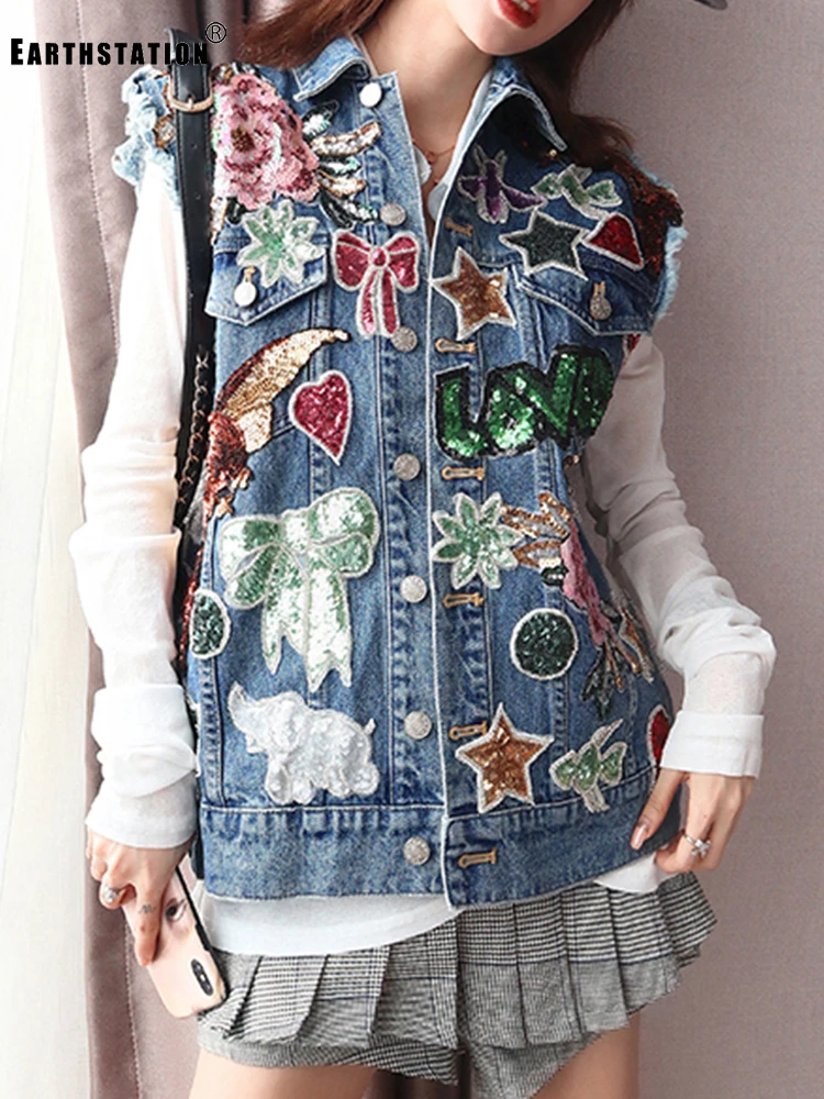 

Heavy Industry Beading Denim Waistcoat Ladies Autumn New Embroidery Sequins Cartoon Pattern Distressed Raw Edge Vest Jacket