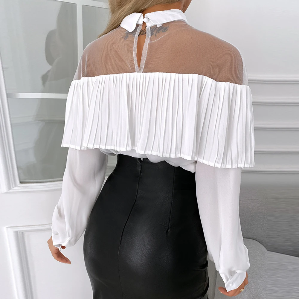 2021 New Women Pleated Ruffled Lapel Long Sleeved Shirt Loose Top OL Commute Chic Patchwork Mesh Lace Office Lady Blouse
2021 New Women Pleated Ruffled Lapel Long Sleeved Shirt Loose Top OL Commute Chic Patchwork Mesh Lace Office Lady Blouse