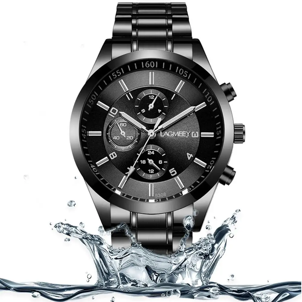 

LAGMEEY Luxury Brand Watches Men Three Eyes Dial Watch Stainless Steel Belt Luminous Waterproof Quartz Watch Relogio Feminino