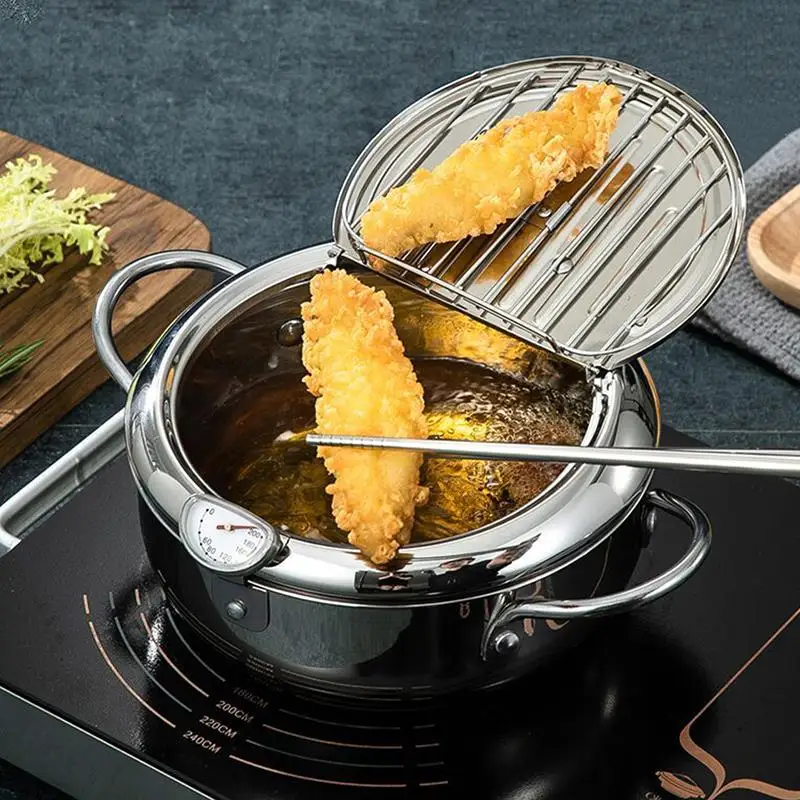 Japanese Deep Frying Pot With A Thermometer And Lid 304 Stainless Steel Kitchen Tempura Fryer Pan | Дом и сад