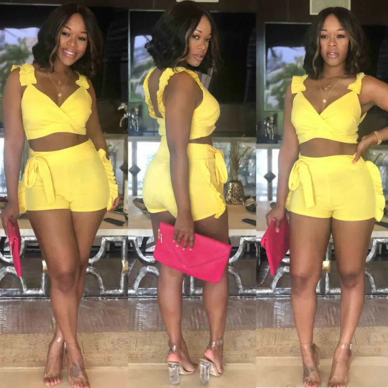 Two Piece Suit Summer women crop tops High Waist Shorts 2pcs Ruffles Bow outfits Ladies Yellow Slim matching Clothes Set 
Two Piece Suit Summer women crop tops High Waist Shorts 2pcs Ruffles Bow outfits Ladies Yellow Slim matching Clothes Set