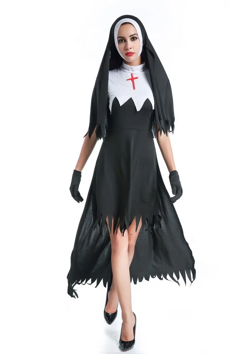 

Sexy Nun Costume Adult Women Cosplay Black Hoodie For Halloween Sister Cosplay Party Vampire Demon Costume