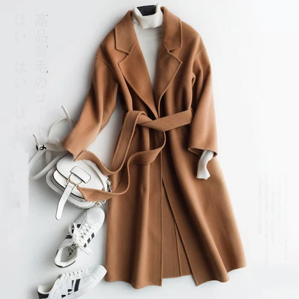 Фото Женское длинное шерстяное пальто с поясом Осень Зима 100%|Женские - купить