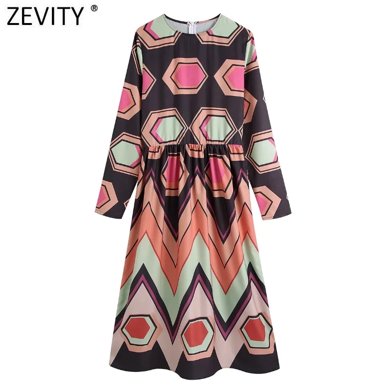

ZEVITY женское винтажное платье миди с круглым вырезом контрастных цветов с геометрическим принтом плиссированные женские шикарные платья с ...