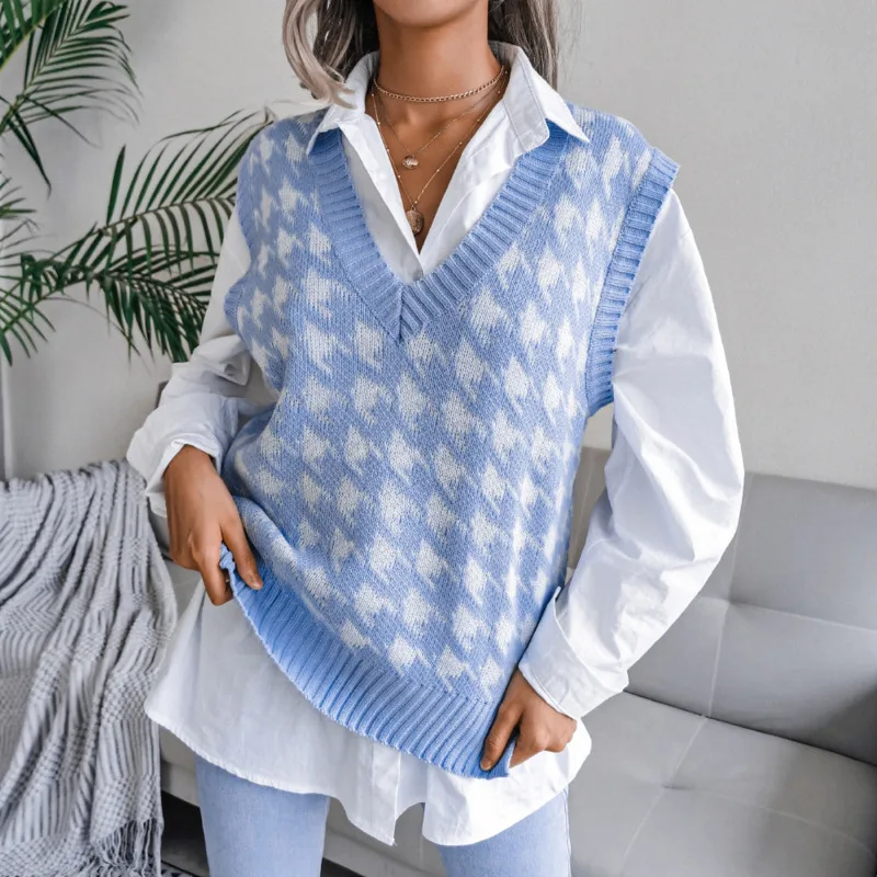 Women Knitted top Vest 2021 Houndstooth V-neck Loose Knitted Sweater Pullover Elegant Fashion Sleeveless Pullover Vest Sweater
Women Knitted top Vest 2021 Houndstooth V-neck Loose Knitted Sweater Pullover Elegant Fashion Sleeveless Pullover Vest Sweater