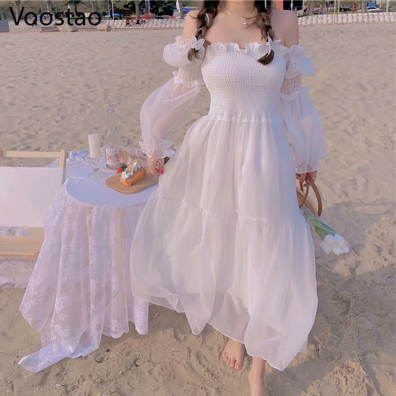 Summer Sweet Chiffon Elegant Midi Dress Women Chic Puff Sleeve Off Shoulder Boho Beach Holiday Dress Female Party Fairy Dresses
Summer Sweet Chiffon Elegant Midi Dress Women Chic Puff Sleeve Off Shoulder Boho Beach Holiday Dress Female Party Fairy Dresses