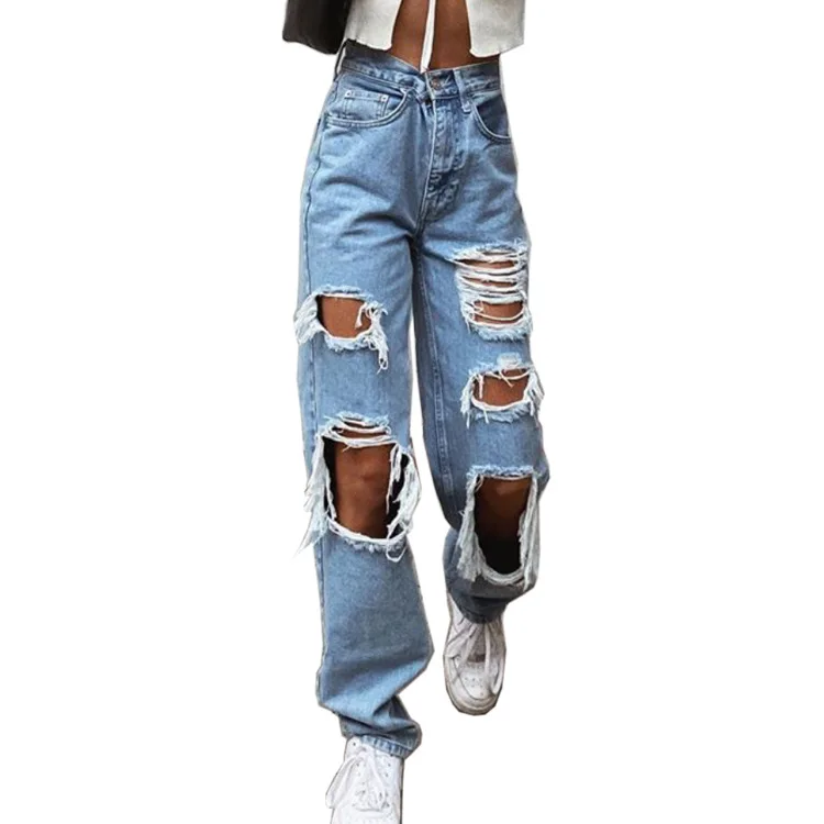 European and American style jeans with ripped holes and thinner washed women's jeans trousers
European and American style jeans with ripped holes and thinner washed women's jeans trousers