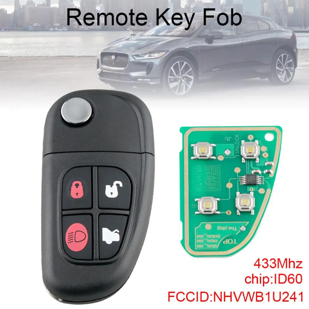 4 Buttons 433Mhz Flip Remote Car Key with ID60 Chip NHVWB1U241 Fit for Jaguar S type / X type / XJ8
4 Buttons 433Mhz Flip Remote Car Key with ID60 Chip NHVWB1U241 Fit for Jaguar S type / X type / XJ8