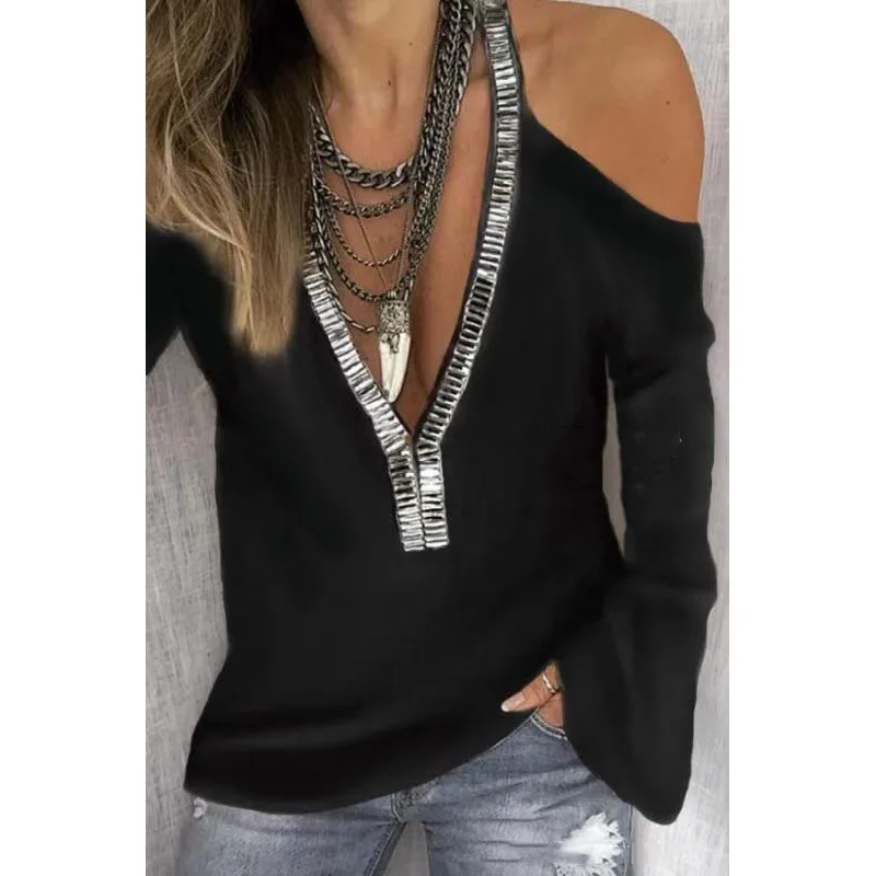 Autumn and winter new women's solid color V-neck Sequin long sleeve T-shirt
Autumn and winter new women's solid color V-neck Sequin long sleeve T-shirt