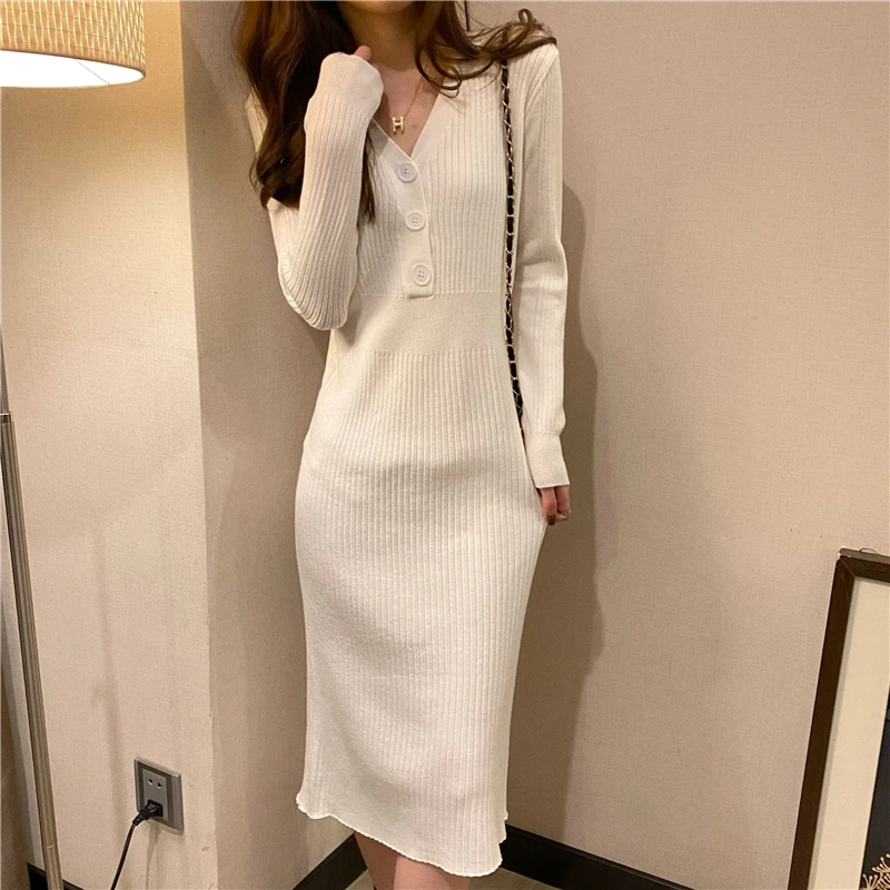 Women Long Sleeve Dress Knitted Button V-neck Bodycon Mid-calf Shaped Elasticity Korean Style Fashion Female Bottoming Dresses
Women Long Sleeve Dress Knitted Button V-neck Bodycon Mid-calf Shaped Elasticity Korean Style Fashion Female Bottoming Dresses
