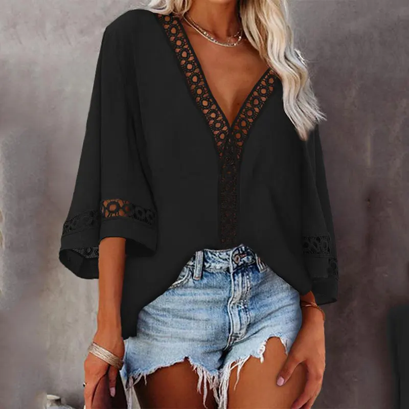2021 Summer Women Sexy Black Lace Casual Loose Tee Shirts Hollow-out Bell Sleeve V-Neck Top Ladies Blouses With Half Sleeve
2021 Summer Women Sexy Black Lace Casual Loose Tee Shirts Hollow-out Bell Sleeve V-Neck Top Ladies Blouses With Half Sleeve