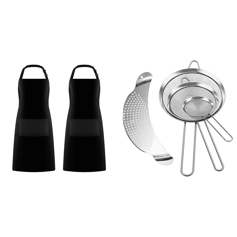 2-Pack Black Adjustable Bib Apron 2 Pockets & Fine Mesh Strainers (4 Set), 3 Wire Strainers And 1 Kitchen Food Strainer
2-Pack Black Adjustable Bib Apron 2 Pockets & Fine Mesh Strainers (4 Set), 3 Wire Strainers And 1 Kitchen Food Strainer
