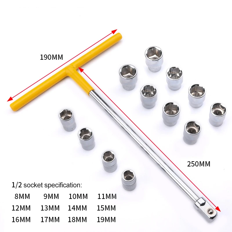1/2 inch T Shape Socket Wrench Handle With 8-19 MM Hex Wrench Head Motorcycle Repairing Socket Spanner Sleeve Set
1/2 inch T Shape Socket Wrench Handle With 8-19 MM Hex Wrench Head Motorcycle Repairing Socket Spanner Sleeve Set
