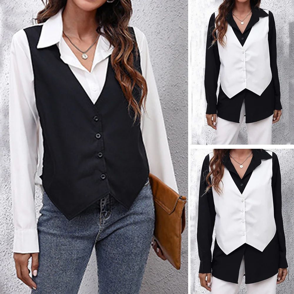 Fake Two Piece Women T-Shirt Tops Long Sleeve Turn-Down Black White Ladies Button Blouse Tshirt Tee Shirt Patchwork Tops
Fake Two Piece Women T-Shirt Tops Long Sleeve Turn-Down Black White Ladies Button Blouse Tshirt Tee Shirt Patchwork Tops