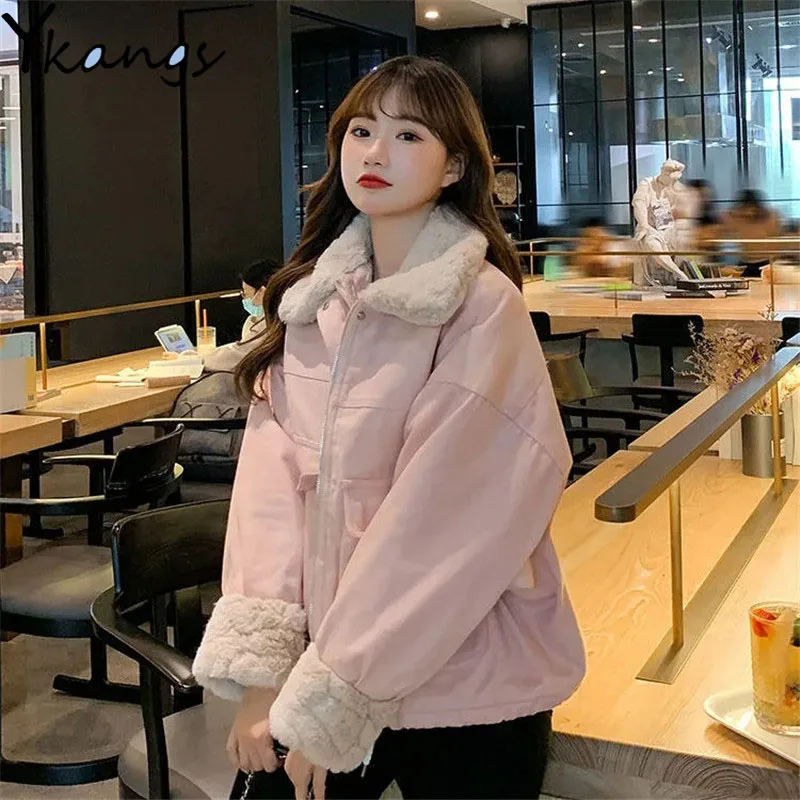 Lapel Pocket Winter Warm Thicken Short Parkas Women Loose Kawaii Casual Sweet Zipper Jacket Velvet Oversized Hooded Coat Female
Lapel Pocket Winter Warm Thicken Short Parkas Women Loose Kawaii Casual Sweet Zipper Jacket Velvet Oversized Hooded Coat Female