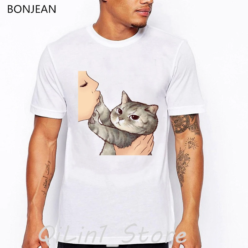 Лето 2019 Симпатичные мужские Забавные футболки с принтом кота без поцелуев