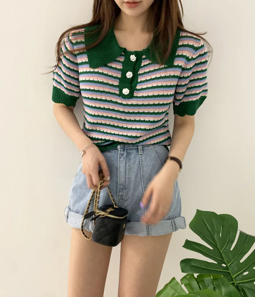 Korejpaa Women T-Shirt 2021 Summer Korean Chic Western Style Lapel Three Buttons All-Match Puff Sleeve Color Striped Pullovers
Korejpaa Women T-Shirt 2021 Summer Korean Chic Western Style Lapel Three Buttons All-Match Puff Sleeve Color Striped Pullovers