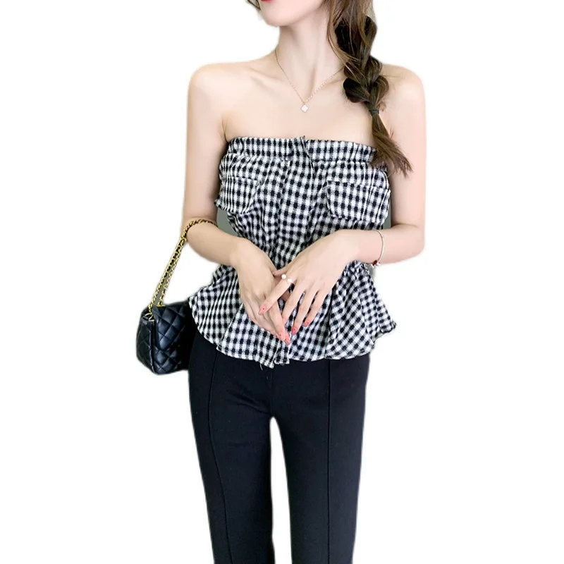 COIGARSAM Plaid korean blouse women New Strapless High Waist blusas womens tops blouses And White Thin Black Pants 350
COIGARSAM Plaid korean blouse women New Strapless High Waist blusas womens tops blouses And White Thin Black Pants 350