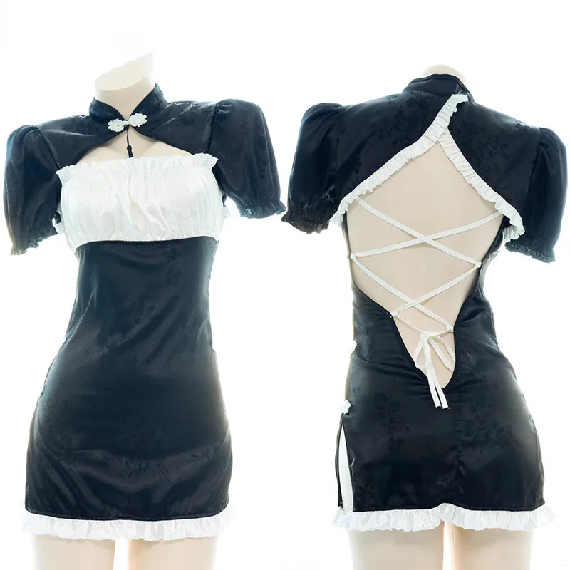 Black Original Cheongsam Dress Maid Outfit Sexy Lolita Janpanese Maiden Lace Hollow Out Backless Bandage Nightgown Leisure Wear 
Black Original Cheongsam Dress Maid Outfit Sexy Lolita Janpanese Maiden Lace Hollow Out Backless Bandage Nightgown Leisure Wear