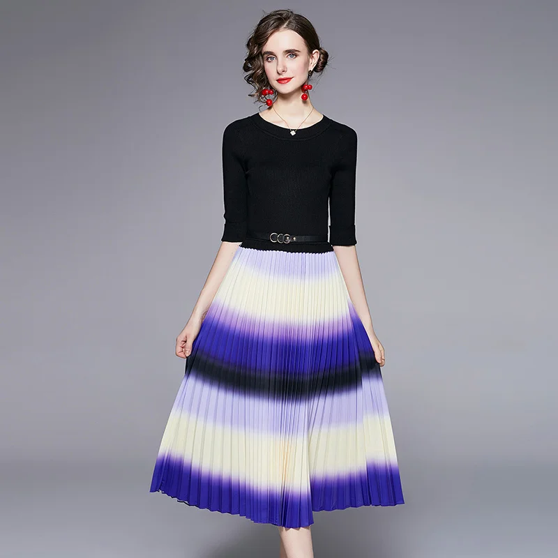 Banulin Fashion Designer Dress Spring Autumn Women's Dress Sashes Gradient Color Stitching Knitting Patchwork Pleated Dresses
Banulin Fashion Designer Dress Spring Autumn Women's Dress Sashes Gradient Color Stitching Knitting Patchwork Pleated Dresses