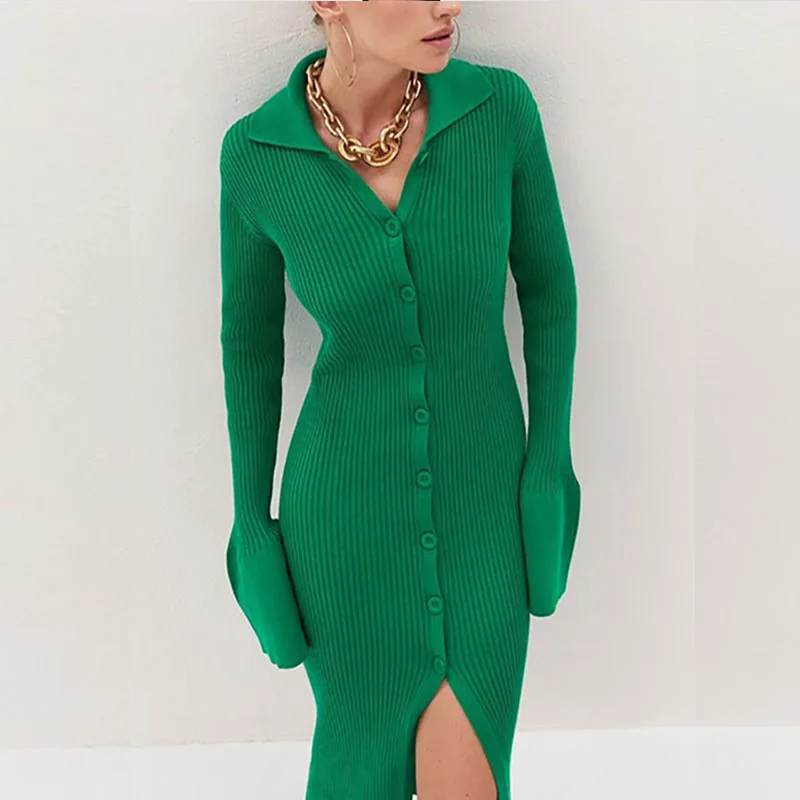 Women's Bodycon Knitted Fashion Long Sleeve Single Breasted Trumpet Sleeve Elegant V-neck Slim Autumn Dress for New Year 2022
Women's Bodycon Knitted Fashion Long Sleeve Single Breasted Trumpet Sleeve Elegant V-neck Slim Autumn Dress for New Year 2022