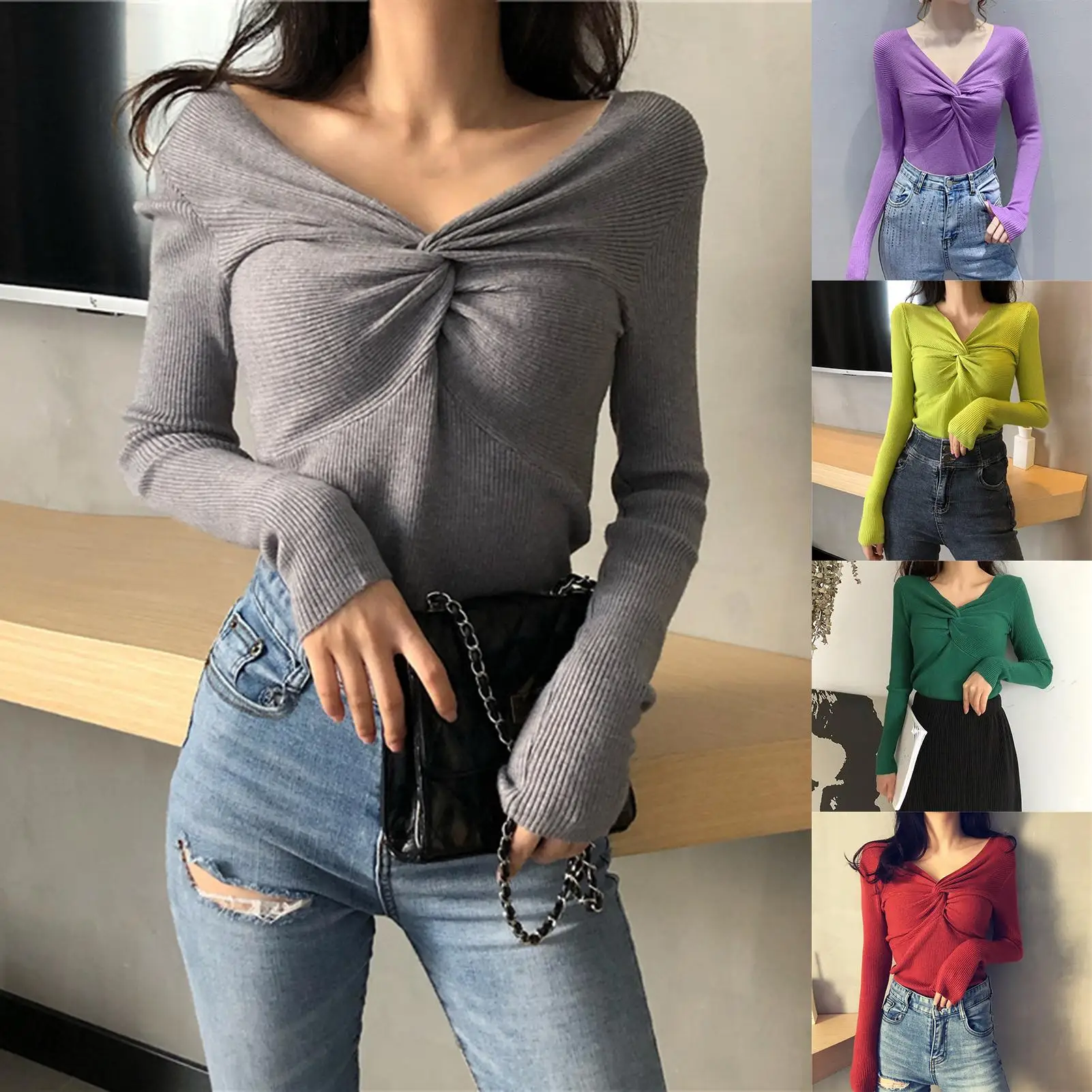 Women Sweater Pullover Long Sleeve V Neck Chest Knot Slim Knitwear Blouse Winter Base T-shirt
Women Sweater Pullover Long Sleeve V Neck Chest Knot Slim Knitwear Blouse Winter Base T-shirt