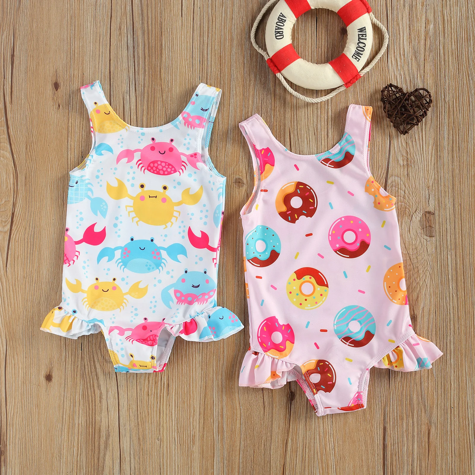 

0-3Y Baby Newborn Girl One-Piece Breathable Swimsuit A Cute Crab/Donut Print Holiday Swimsuit for Kids in Summer
