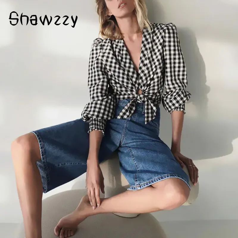 

ZA 2020 Gingham Cropped Blouse Women Summer Shirt V-neck Long Sleeve Elastic Cuff Elegant Front Bow Tie Plaid Top