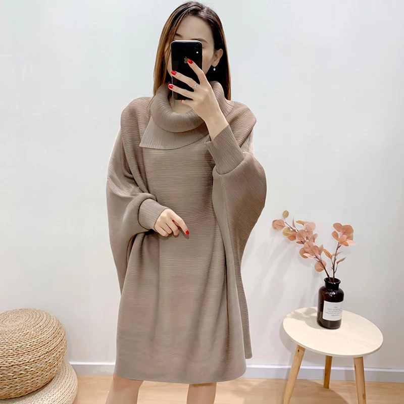 

issey miyake pleated high-neck plus size ruched dress 2021 autumn temperament loose bat sleeve bottoming folded dress for woman