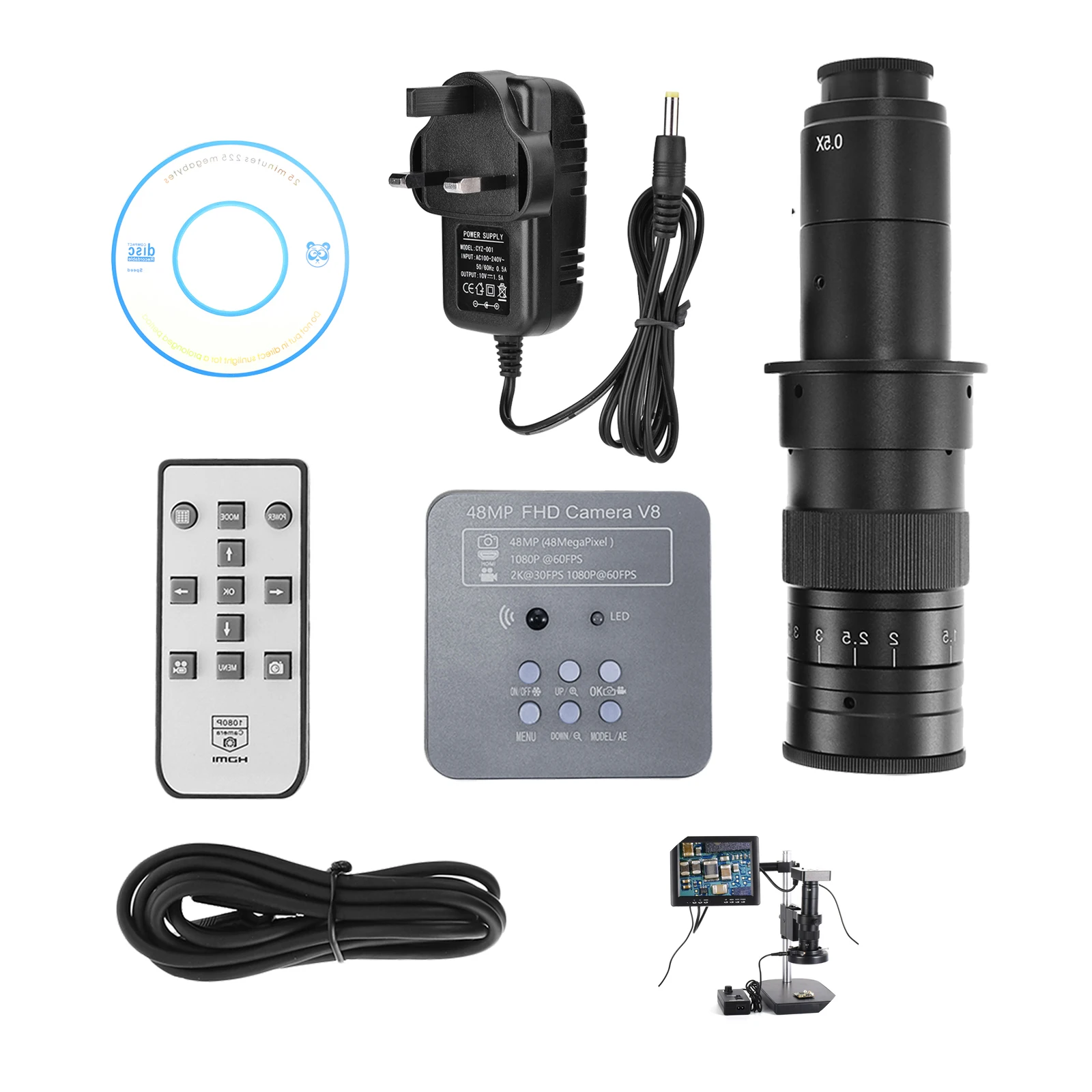 FHD 48MP HDMI USB Industrial Digital Video Microscope Camera 180X Zoom C-Mount Lens+Power Adapter+Remote Control for PCB Repair
FHD 48MP HDMI USB Industrial Digital Video Microscope Camera 180X Zoom C-Mount Lens+Power Adapter+Remote Control for PCB Repair