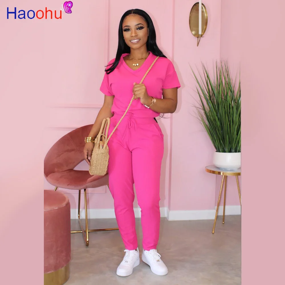 

HAOOHU 2020 Women Sets Summer Tracksuits T-Shirts+Pants Suit Two Piece Set Night Club Party Outfits Sporty Casual 2 pcs Street