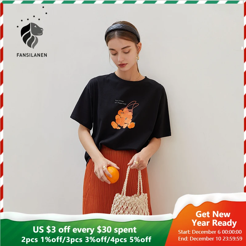FANSILANEN Office Lady 100% Cotton Fruit Pattern T-shirt Women Summer 2021 Thin Short-sleeved Loose Casual Black Fashion Top
FANSILANEN Office Lady 100% Cotton Fruit Pattern T-shirt Women Summer 2021 Thin Short-sleeved Loose Casual Black Fashion Top