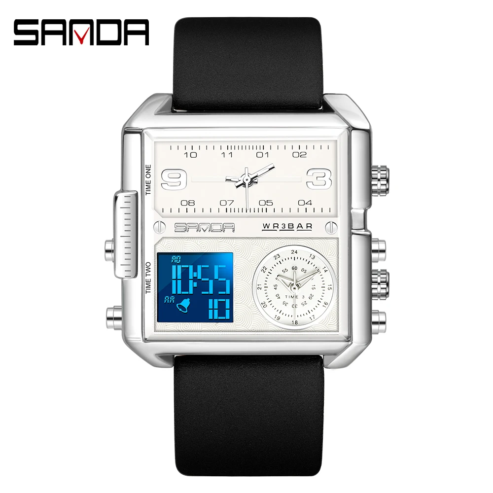 

Часы наручные Sanda мужские Кварцевые водонепроницаемые со светодиодной подсветкой, 3 часовых пояса, 6023