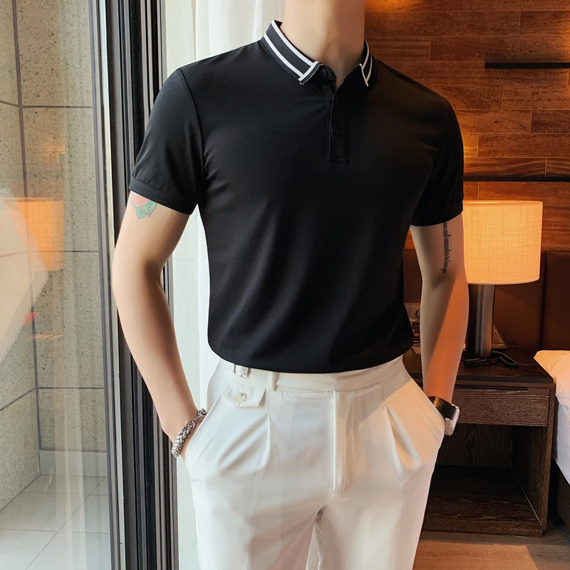 Contrasting Lapel Polo Shirt for Men Short Sleeve Slim Polo Shirts Fashion Business Casual Tee Tops Social Streetwear Clothing