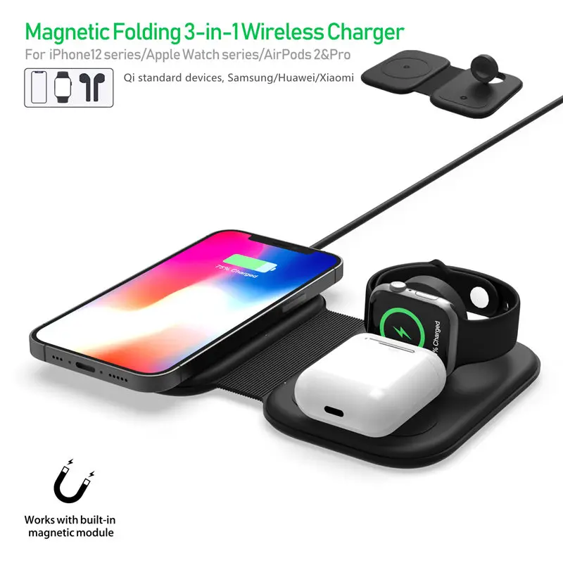 Беспроводное зарядное устройство 3 в 1 для iPhone 12 магнитные airpods iwatch 11 pro samsung huawei xiomi