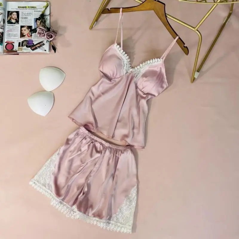 Summer Pajamas Set Female 2PCS Strap Top&Short Women Sexy Spaghetti Strap Sleepwear Sexy Patchwork Hollow Lace Trim Home Clothes
Summer Pajamas Set Female 2PCS Strap Top&Short Women Sexy Spaghetti Strap Sleepwear Sexy Patchwork Hollow Lace Trim Home Clothes