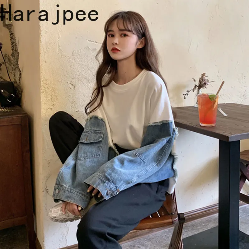 Harajpee Pullover Patchwork Denim Short Round Neck Solid Casual Loose Korean All-match Outwear Spring New Women Tops Hoodies
Harajpee Pullover Patchwork Denim Short Round Neck Solid Casual Loose Korean All-match Outwear Spring New Women Tops Hoodies