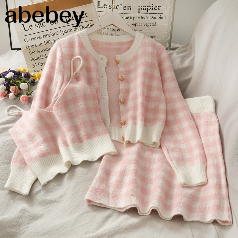 Sweet Plaid Three-Piece Women's New O Neck Single-Breasted Long-Sleeved Loose Sweater with Short Strap two piece set skirt
Sweet Plaid Three-Piece Women's New O Neck Single-Breasted Long-Sleeved Loose Sweater with Short Strap two piece set skirt