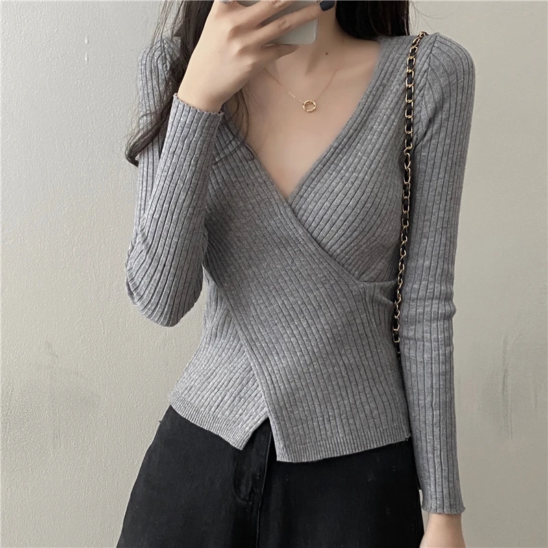 

V-neck Crossed Sweater Shirts Female Full Sleeve 2020 New Autumn Solid Knit Slim Sweaters Pullovers Crop Tops Women