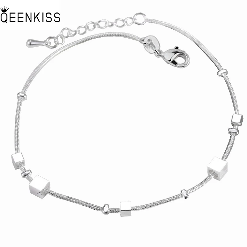 

QUEENKISS BT618 2022 Fine Jewelry Wholesale Fashion Lady Girl Birthday Wedding Gift Square 925 Sterling Silver Pendant Bracelet