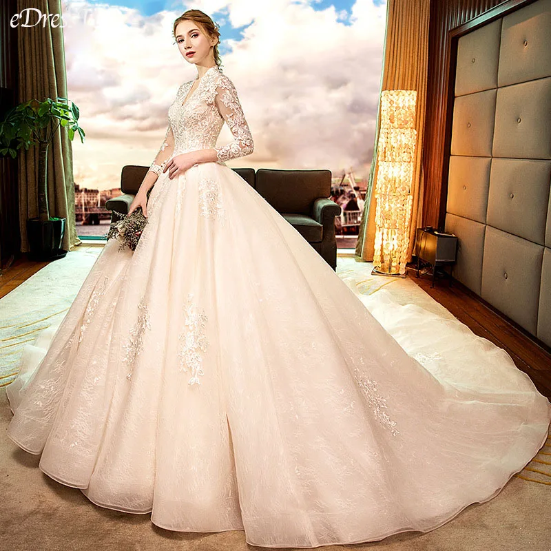 

Hollow out Wedding Dress Elegant V-Neck Lace Bridal Dress Monarch Train Vestido de novia Corset Dress Robe de Mairee OY-D5861