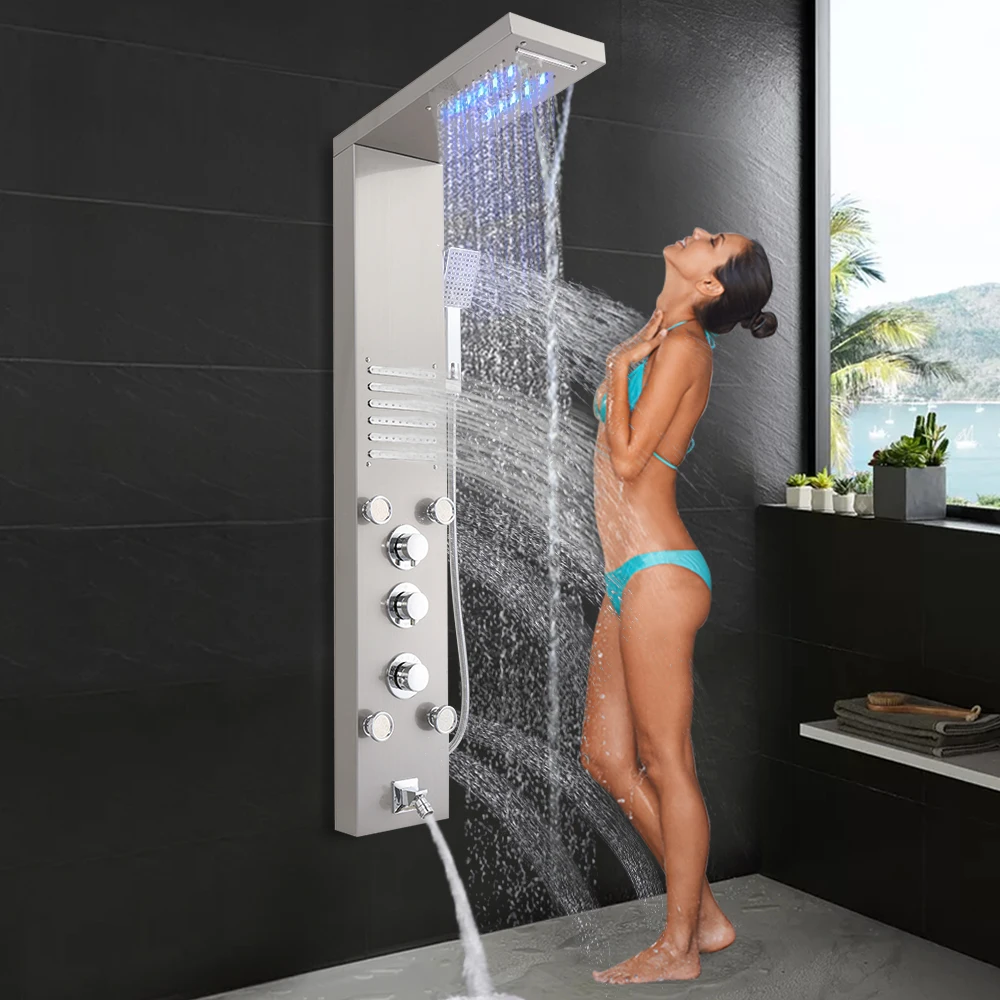 

60 inch Shower Panel Tower Stainless Steel 5 in 1 Panel with Spout Rainfall Waterfall SPA Massage Jets Tub Spout Hand Shower